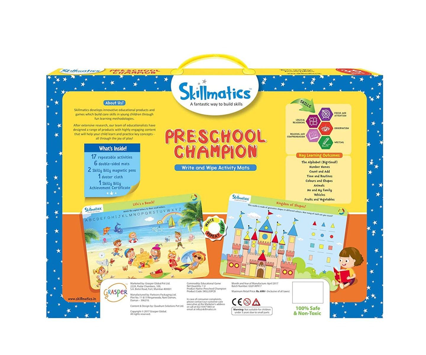 Skillmatics Educational Game: Preschool Champion (3-6 Years) | Creative Fun Activities and Games for Kids | Erasable and Reusable Mats
