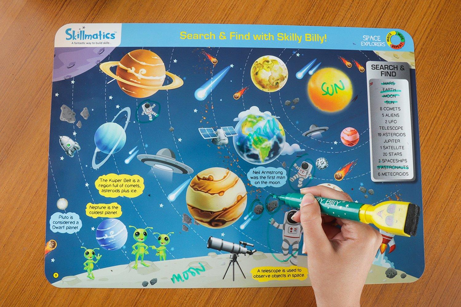 Skillmatics Educational Game: Space Explorers (6-9 Years) | Fun Learning Activities for Kids | Write and Wipe Activity Mats