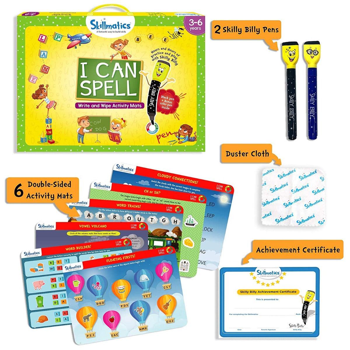 Skillmatics I Can Spell - Reusable Activity Mats with 2 Marker Pens Educational Game for Ages 3-6 Years