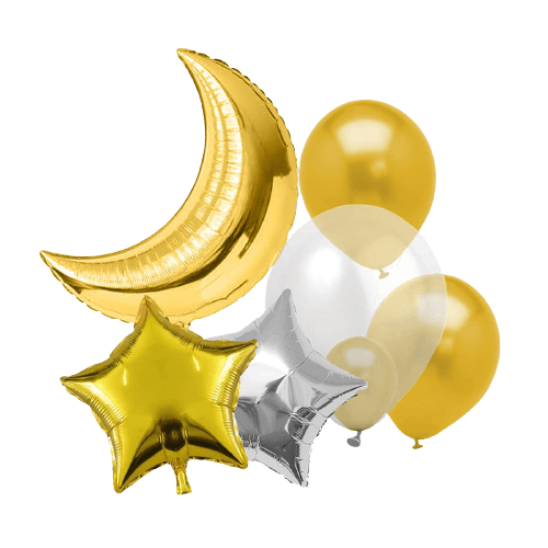 PartyCorp Star and Moon Foil Gold and Silver Balloon Bouquet, Decoration Set for Birthday, Anniversary, Baby, Bridal Shower, DIY Pack of 7