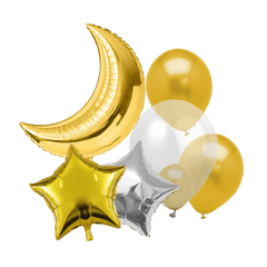 PartyCorp Star and Moon Foil Gold and Silver Balloon Bouquet, Decoration Set for Birthday, Anniversary, Baby, Bridal Shower, DIY Pack of 7